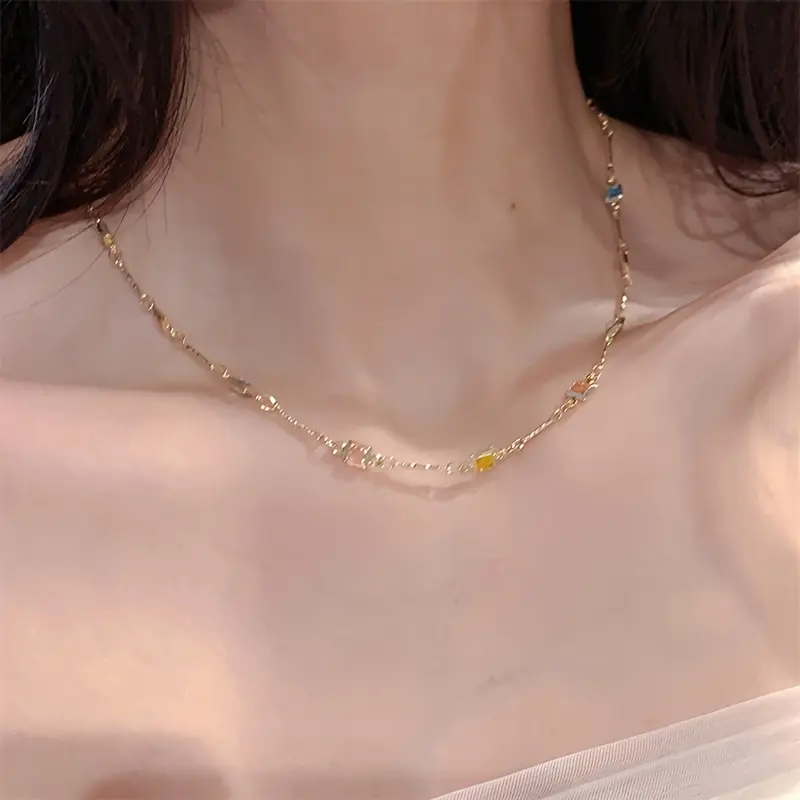 Women's Bohemian Retro Square Natural Stone Collarbone Necklace - Luxurious, Summer Versatile Style, 1 Set, Single Set