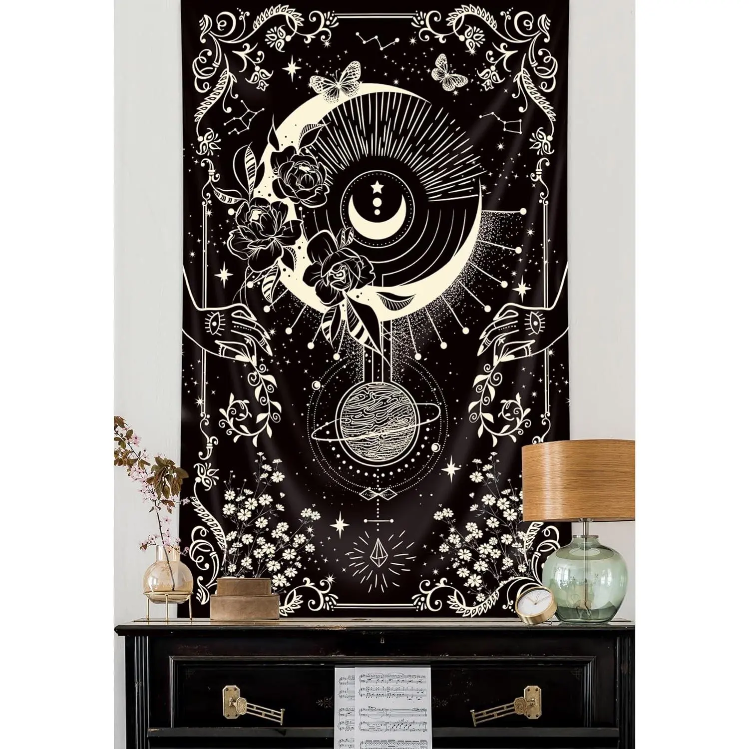 Gothic Vertical Small Boho Witchy Moon Tarot Tapestry - Black, Beige, Floral, Stars, Butterfly, Mystic, Aesthetic Celestial Indoors Wall Hanging for Bedroom, Living Room Home Decor
