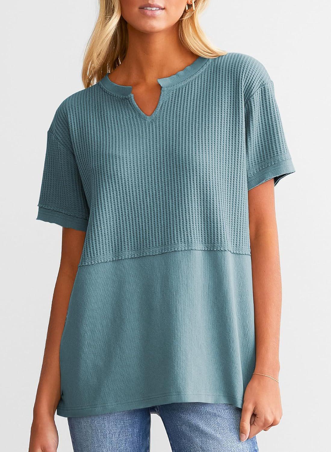 Women's Loose Fit Waffle Knit Splice V-Neck Top | Casual Trendy Short Sleeve Shirt. Women's Loose Fit Waffle Knit Splice V-Neck Top | Casual Trendy Short Sleeve Shirt.