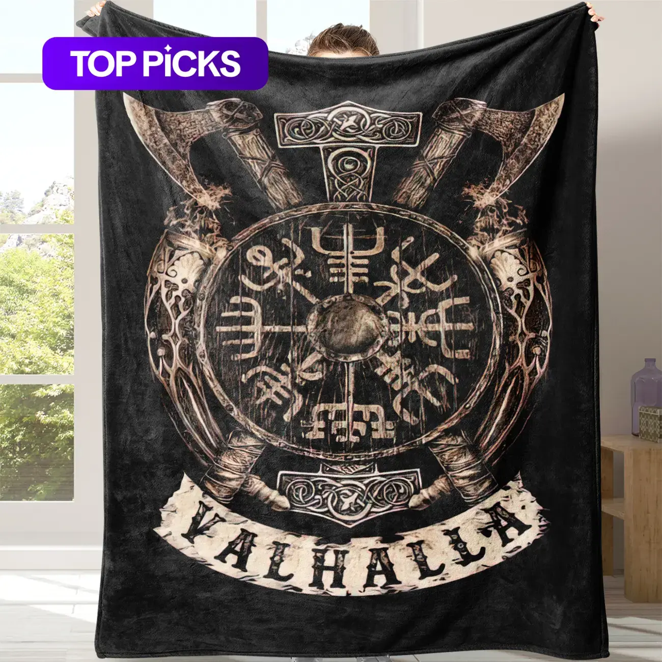 Viking Valhalla Print Throw Blankets - Durable Polyester Fiber Flannel Weave, Soft, Warm, Breathable, Contemporary, 30*40 in Multi-Size for Indoor Home, Office Use