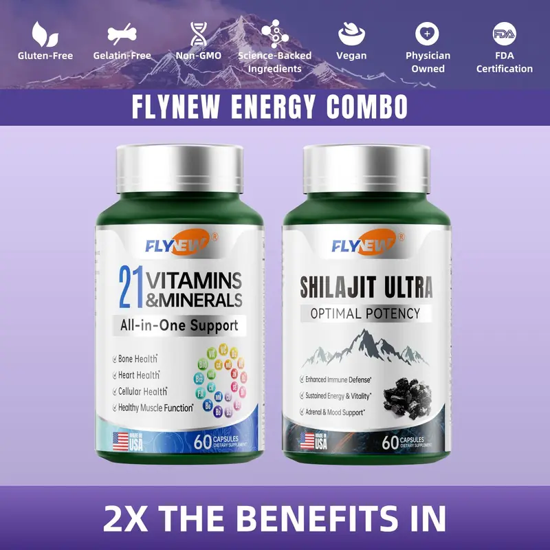 Flynew Shilajit Ultra & 21 All-in-One Vitamins Bundle - 120 Capsules with 85+ Trace Minerals & Pure Himalayan Organic Resin for Optimal Health Support - Fitness, Healthcare