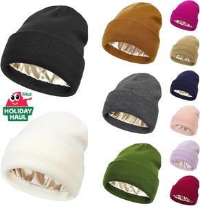 Holiday Gift Satin Lined Beanie - Winter Warm Knit Hat, Anti-Static No Frizz Hair Saver Cap for Women & Men,Daily Clothing Decor