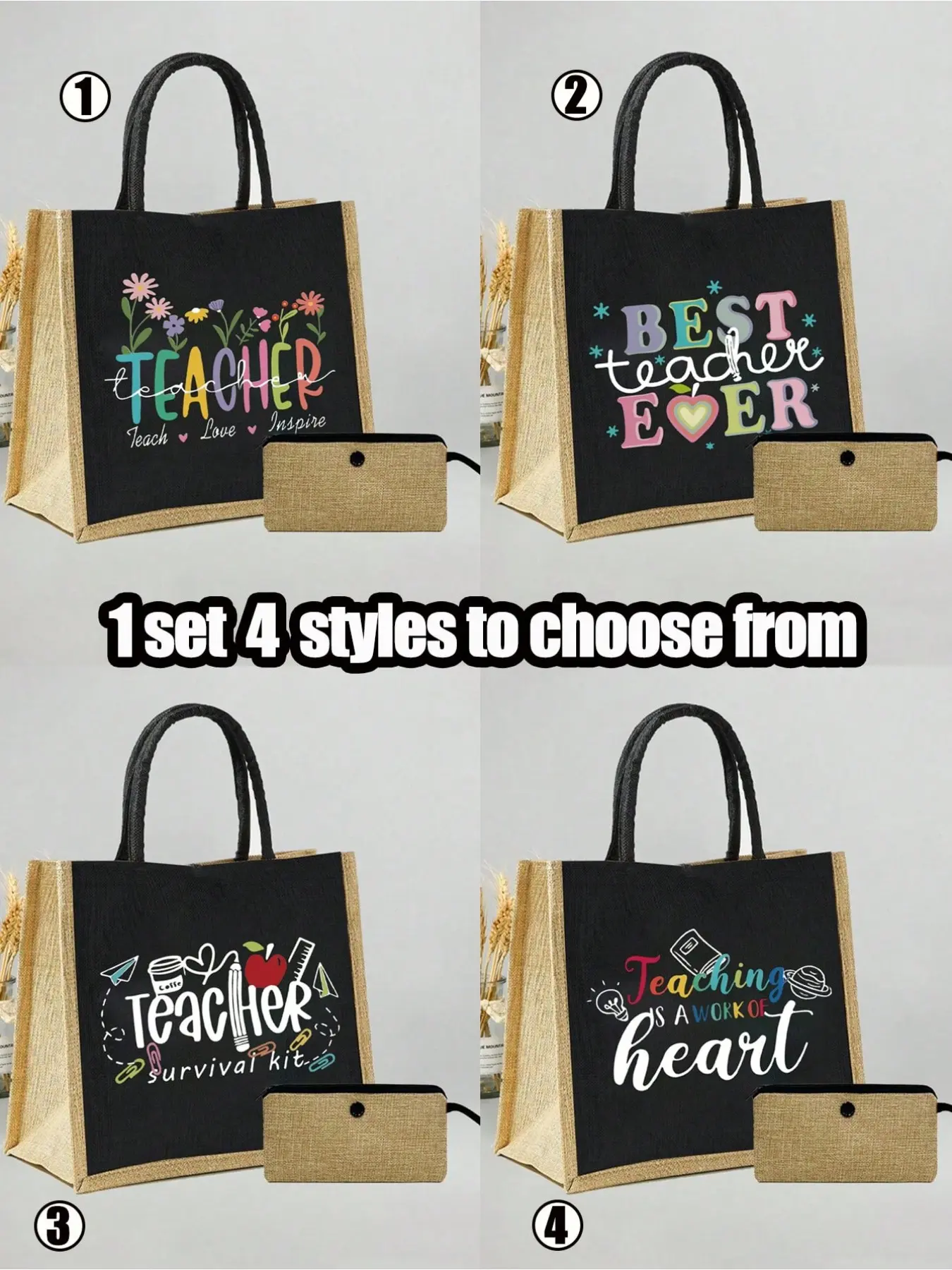 A set includes a printed tote bag and a coin purse, with patterns including Teachers' Day letters, apples, rulers, flowers, and book designs, making it the perfect gift for teachers, as well as the best present for teachers on Thanksgiving and Christmas.