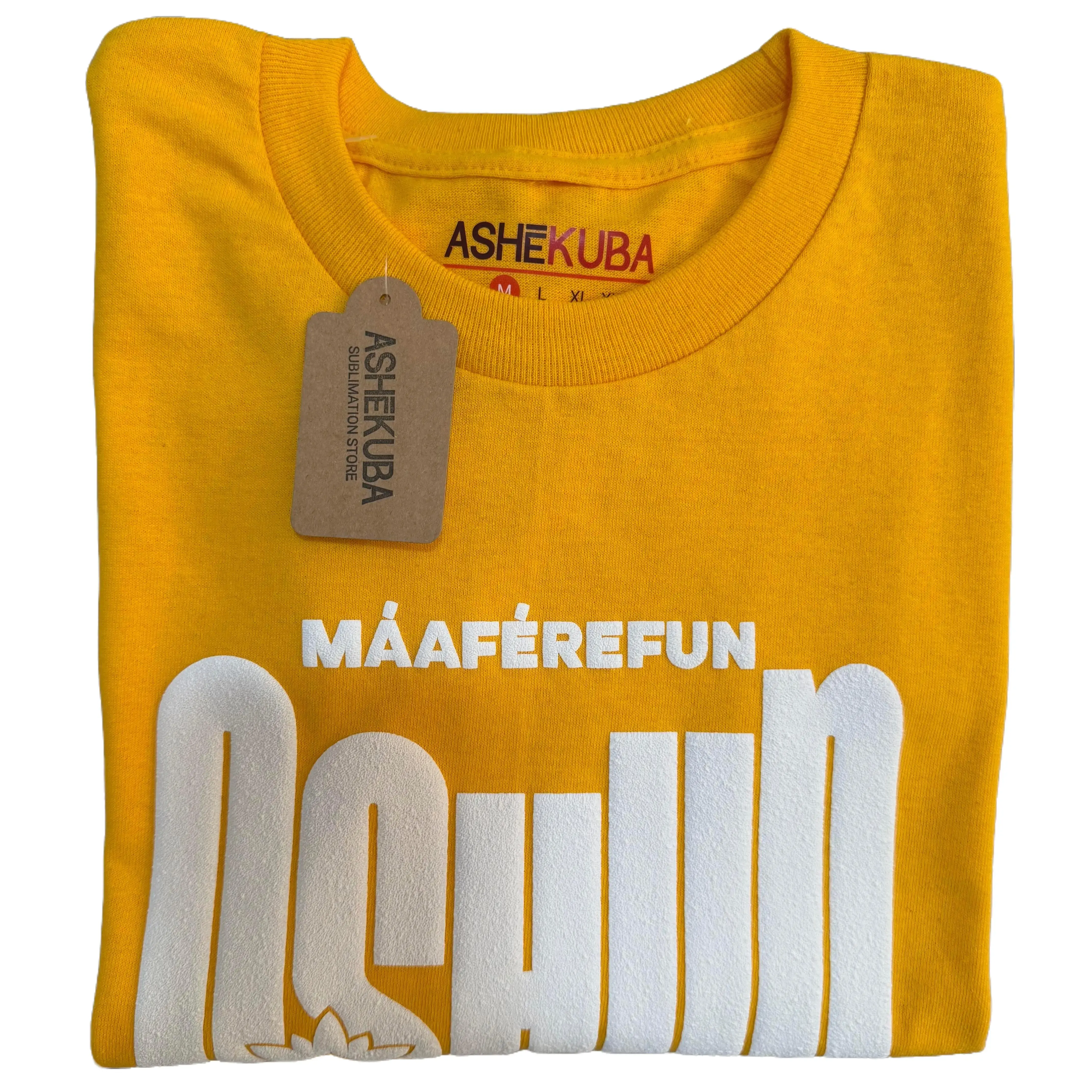 ASHEKUBA Spiritual T-Shirt Oshun MÁÁFÉREFUN OSHUN Yellow Unisex Tee 100% Cotton Sublimation Print USA Made Yoruba Tradition ModaEspiritual Afrocubano OrishaStyle HechoEnUSA CamisetaOshun