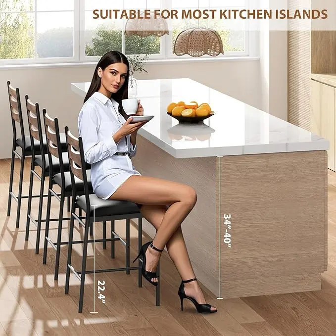 Bar Stools Set of 2/4, Wooden Barstools, Faux Leather Upholstered Bar Chair with Back & Footrest & Thick Cushion, Counter Height Bar Stools for Kitchen Island Apartment