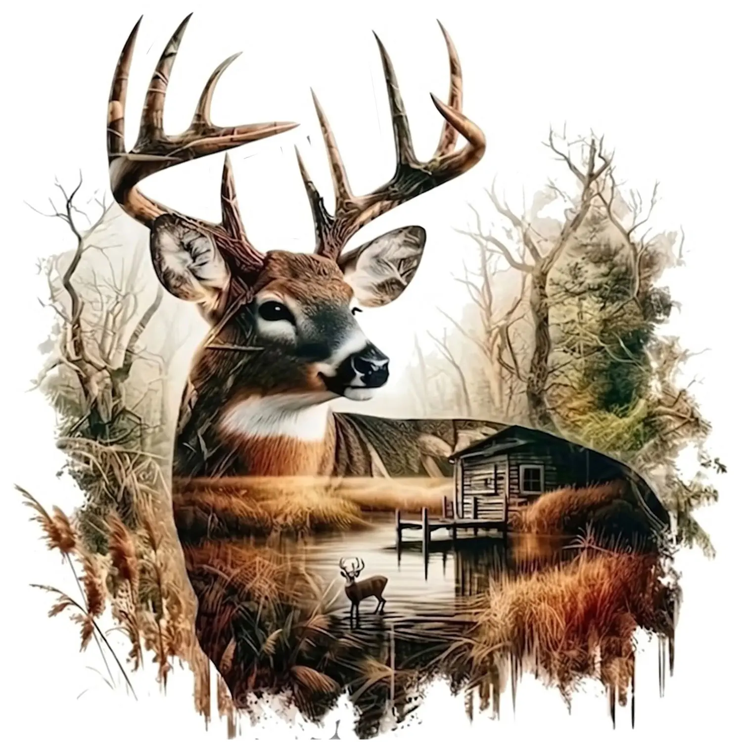 Whitetail Deer & Lake Cabin Decal - Car, Laptop, Suitcase Sticker, Unique Gift for Hunters & Nature Lovers, Outdoor Style