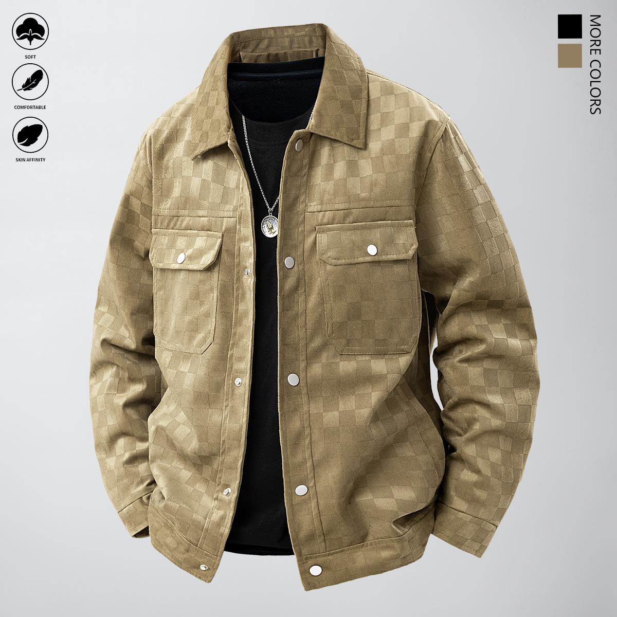 New Men's Black Printed Suede Jacket with Front Flap Pockets and Button Closure - Perfect for Fall Wear Stylish and Practical Outerwear Aesthetic Design Men's Fashion Outfit