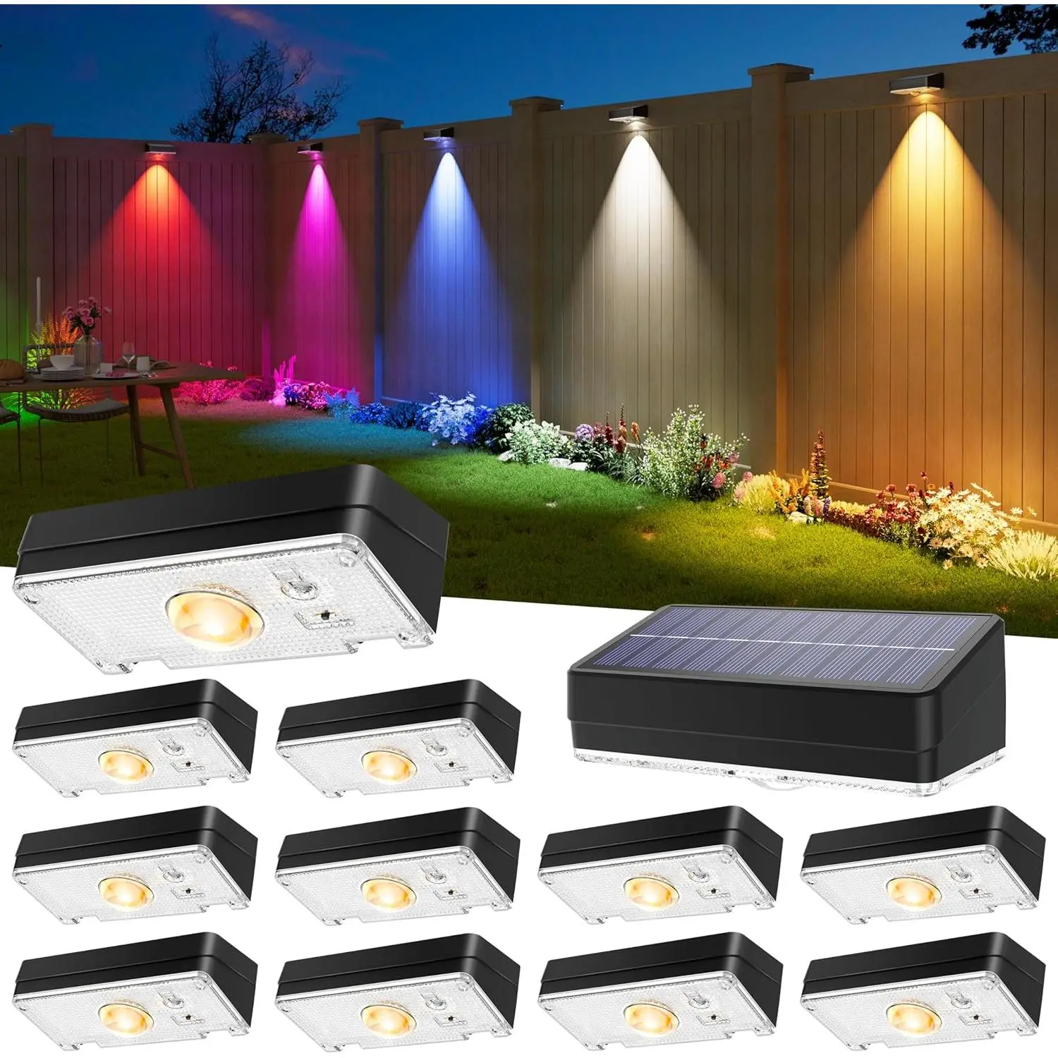 Black Solar Outdoor Fence Lights, 12-Pack, 50LM Ultra Bright, 3 Color Temperatures & RGB, IP65 Waterproof, Dusk-to-Dawn Solar Powered for Patio, Railing, Backyard, Solar Outdoor Lights