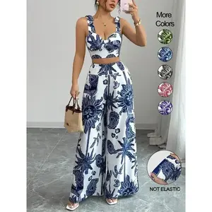Women's Boho Style Floral Print Sleeveless Top & Belted Straight Leg Pants Set, Summer Casual for Vacation Wear（gift） Suit Aesthetic