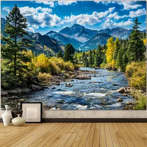 One QD_VIVIOS forest mountain view tapestry, a wide-format wall decoration, suitable for decoration in living rooms, bedrooms, dormitories and offices, featuring a serene forest scene, clouds and rivers.