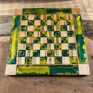 Vivid Yellow Golden Emerald Maple Wood Chess Board with Border - INCLUDES PIECES
