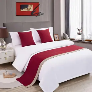 Red Bed Runner 82 x 20 Inch Red and Khaki Patchwork Bed Scarf for Queen & Full Bed Stripe Reversible Quilted Decorative for Hotel Bedroom Home - 1 Piece