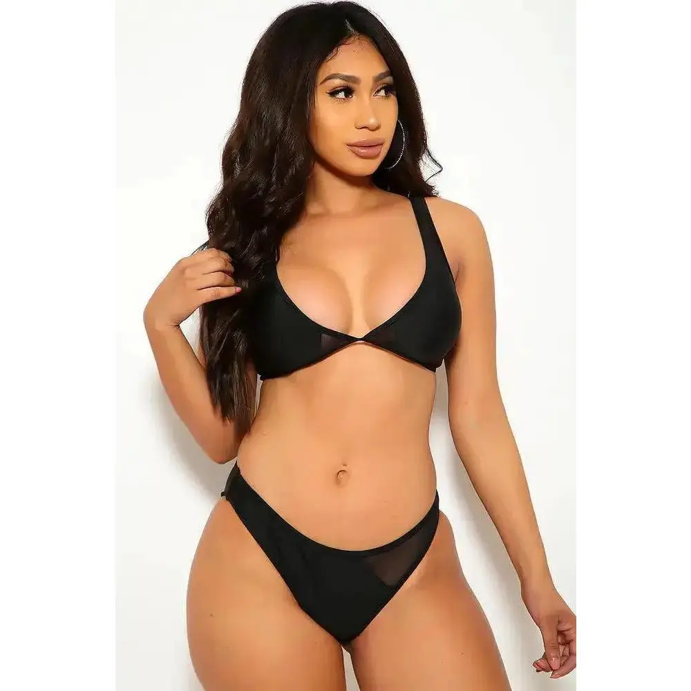 Sexy Black Mesh Cut Out Bikini Two Piece Swimsuit