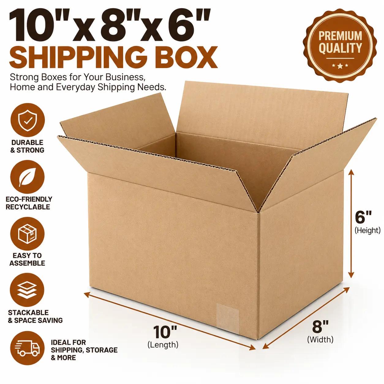 The Boxery Durable ECT 32 Corrugated Shipping Boxes, 10-Pack 10"x8"x6", Recyclable, Made in USA for Mailing, Packing