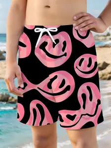 Boys' Fun Smiley Face Print Swim Trunks, Elastic Waist Beach Shorts, Swimwear Shorts, Comfortable Clothing for Vacation Casual Wear