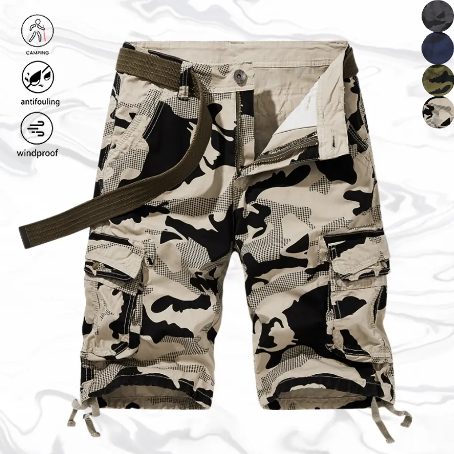 Men’s camouflage cargo shorts with multiple pockets—casual, relaxed fit for everyday wear; khaki/black woven camouflage color palette with rich visual layers; durable washed fabric that resists softening and deformation; sturdy double-line stitching; soli
