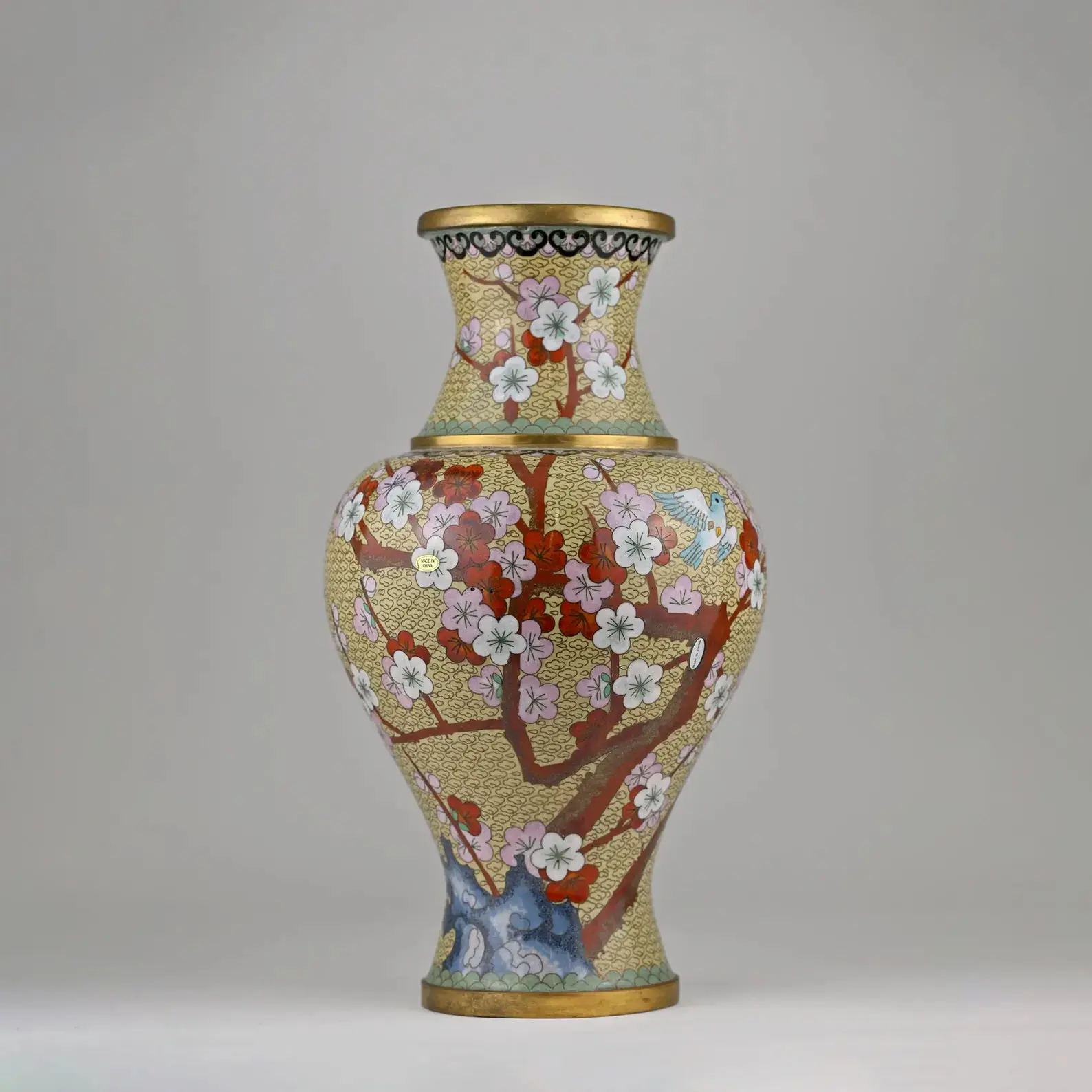 Handmade Cloisonné Vase with Blossom and Bird Motif | One-of-a-Kind Vintage Chinese Enamel Vase | Luxurious Collectible Decor 8x8x15