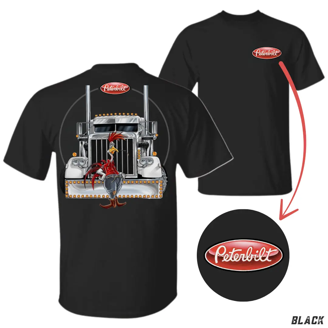 Peterbilt Diesel Rooster Shirt – 2side Truck Graphic Tee, Funny Trucker Life T-Shirt, Cartoon Chicken Outfit, Custom Highway Driver Style, Gift for Hauling Workers