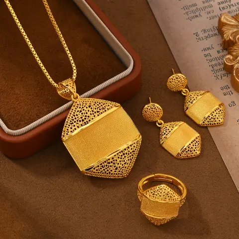 24k Gold Plated Jewelry Set, 4 Piece Gift Box House Shaped Copper Wedding Banquet Jewelry, Women's Necklace Earrings Ring Valentine's Day Gift, Matching Elegant Jewelry Set, Bridal Sets, Jewellery Gift Set