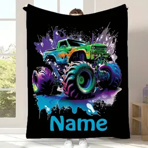 Personalized Cartoon Monster Truck Flannel Blanket — Soft, Cozy, and Warm; Perfect for Sofas, Beds, and Travel | Optional Custom Name | The Perfect Gift for All Seasons