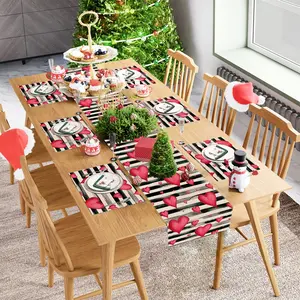 7pcs Valentine's Day Placemat and Table Runner Set, Heart Stripe Design with Red Hearts and Black-White Stripes - 2D Flat Print Rectangular Table Runner Placemats for Valentine's Decor - Minimalist Table Setting for Red and Black Valentine's Day