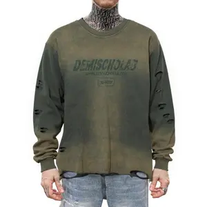 Men's Vintage Wash Tie-Dye Ripped Faux Fur Letter Print Sweatshirt, Casual Round Neck Long Sleeve Top, Fall & Winter Fashion