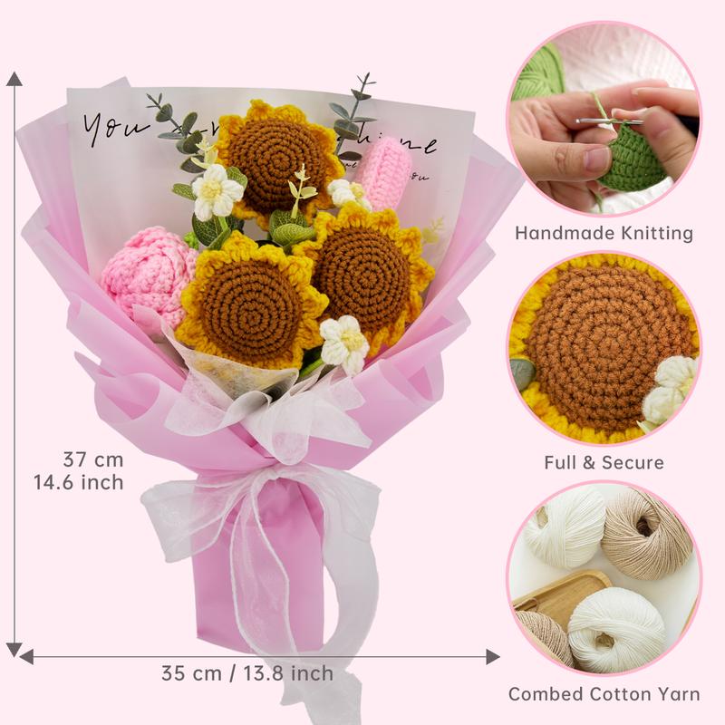 Crochet Flowers Bouquet with Sunflowers, Pink Rose & Tulip, Knitted Flower Gifts for Birthday, Home Decorations, Friend, Graduation