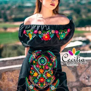 Cecilia Artesanias Black Off-Shoulder Dress with Colorful Floral Embroidery for Women