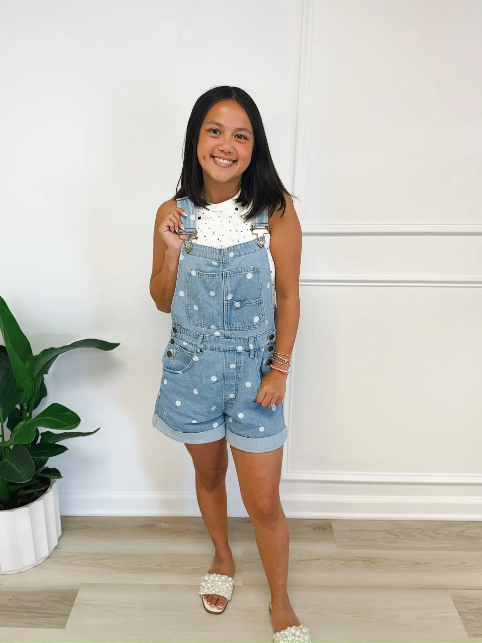 Polka Dot Denim Short Overalls