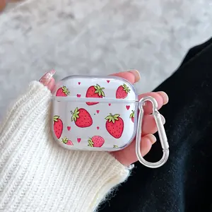 Strawberry Love Pattern Protective Case for AirPods 4/3/2/1/Pro/Pro2 Soft TPU Earphone Cover, Transparent with Keychain