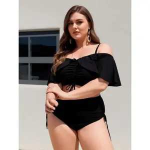 Women's 2026 Plus Size 2-Piece Bathing Suit, Off-Shoulder Black Ruffle Swimsuit, Adjustable Drawstring Curve-Style Swimwear, Soft Comfortable Fabric, Elegant Design, Sizes 12-22, Beach & Poolside Wear, Plus Size Swimsuits 2026