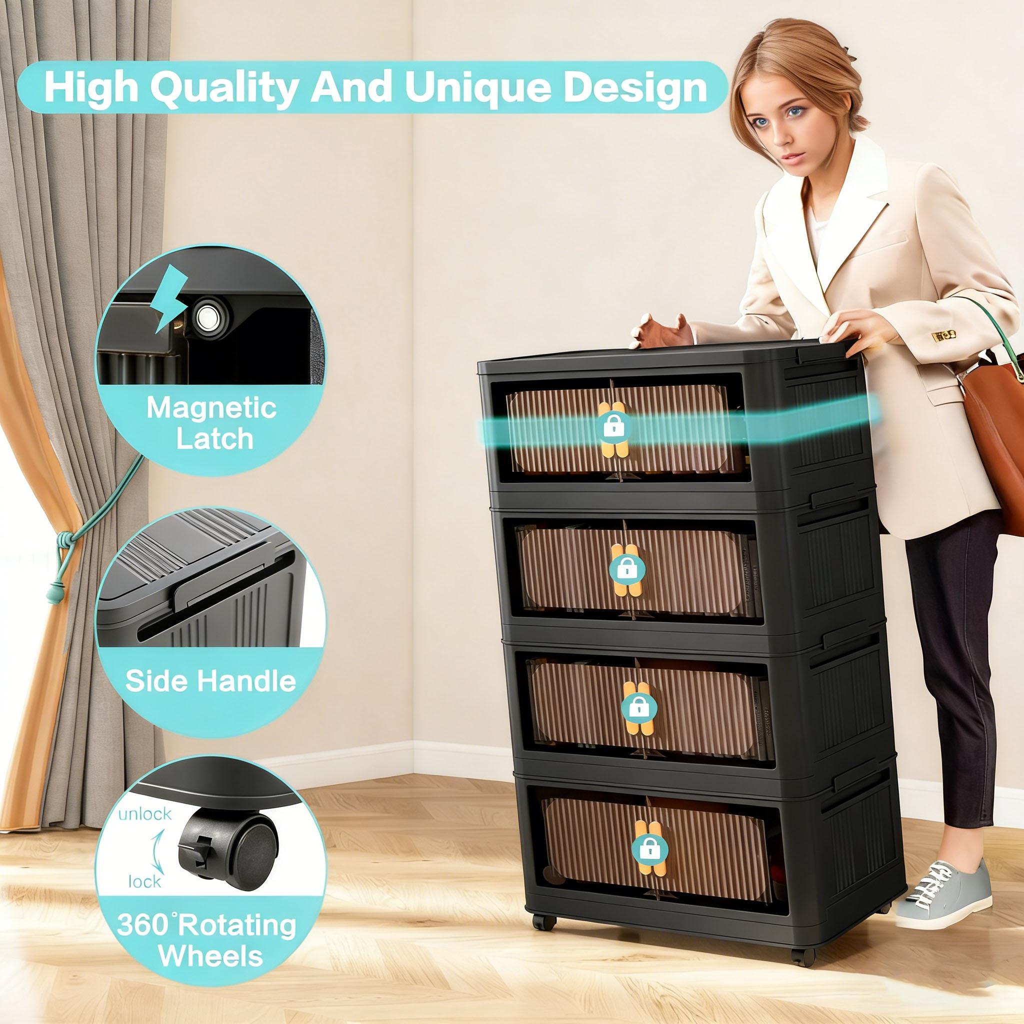Stackable storage cabinet with wheels and handle — foldable plastic drawers, suitable for bathrooms and offices — multifunctional shelf for storing cosmetics and tools