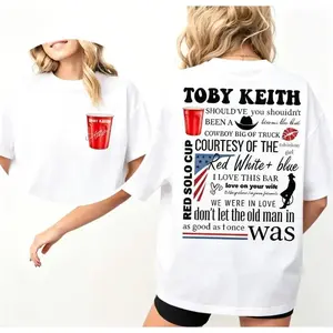 Double Sided Printing Toby Keith Songs Lyrics T-Shirt, Country Music Legend Tribute Graphic Tee, Vintage American Patriot Memorial Gift, Casual Short Sleeve Outfit