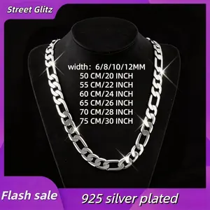 Men's Silvering 6MM/8MM/10MM/12MM Chain Necklace 20-30 Inch for Man Women Fashion Jewelry High End Necklace,Men's Flat Figaro Link Chain Necklace,Daily Fashion Hand Jewelry Accessory,Hypoallergenic & Tarnish-Resistant