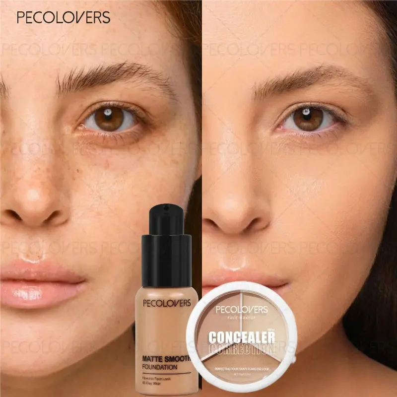 2PCS Moisturizing Foundation with Concealer, Tri-Color Concealer, Waterproof Long-Lasting Full Coverage Foundation, Targets Blemishes, Dark Spots, Dark Circles and Skin Blemishes, Facial Makeup Set