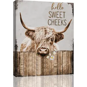 Highland Cow Bathroom Decor Wall Art Funny Rustic Cow Pictures Wall Decor Farmhouse Bathroom Decor Country Cattle Painting Canvas Print Decorations For Office Bedroom Kitchen Dining Room Framed 12x16