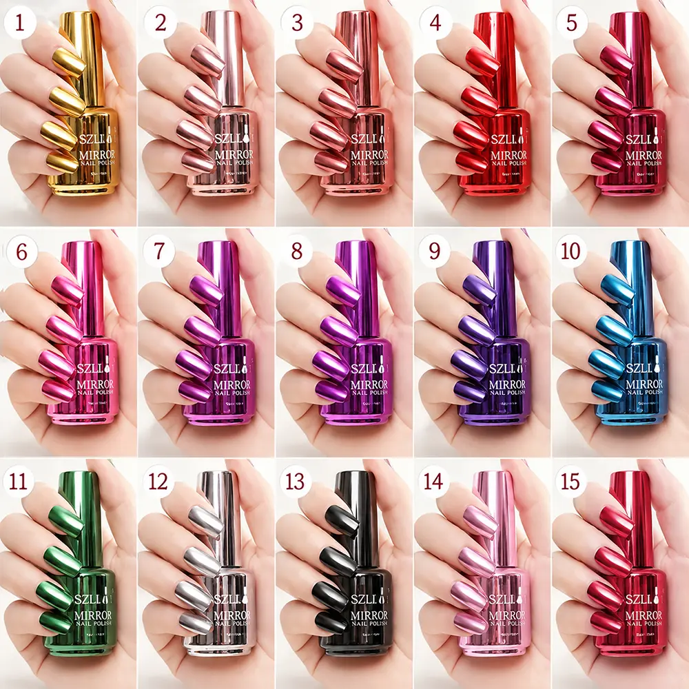 15 Bottles Metallic Mirror Nail Polish Set, Chrome Effect Nail Lacquer, High Gloss Quick Dry Nail Polish, Reflective Manicure Nail Art Polish, DIY Nail Polish Colors