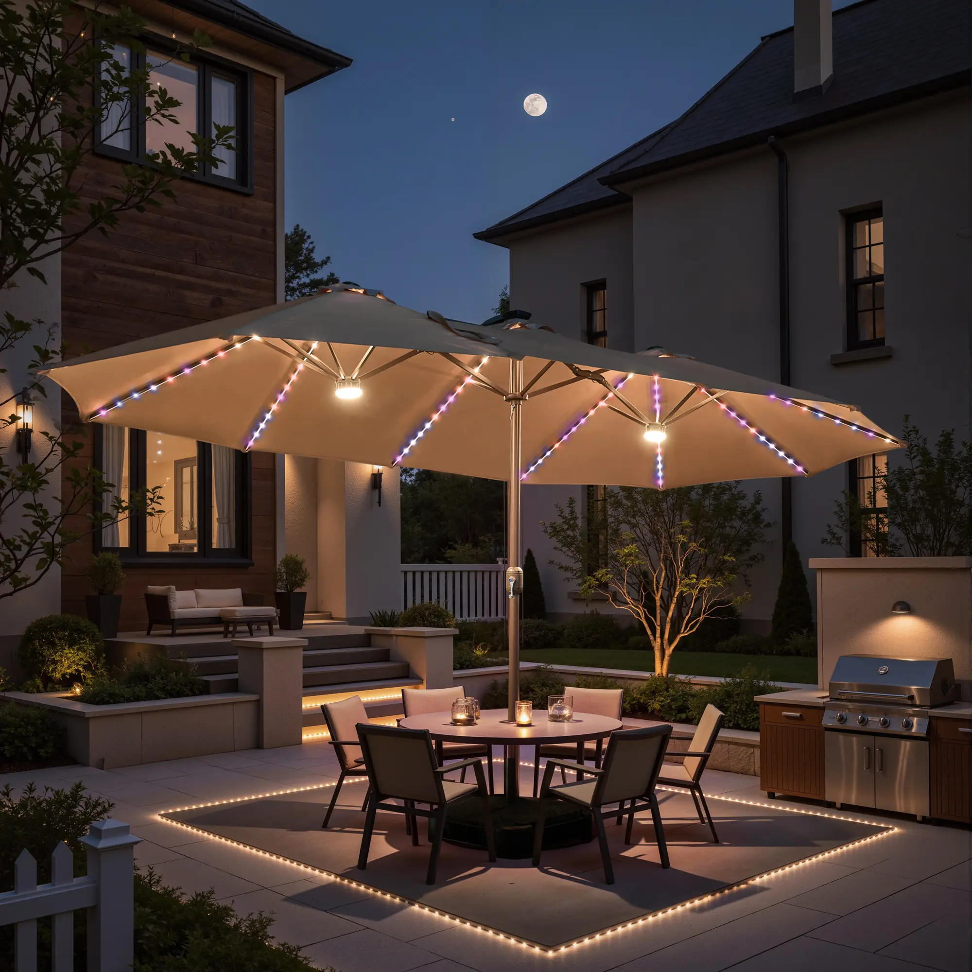 ALLWEX 15'X9' RGB Double-Sided Solar Patio Umbrella with Sandbag Base, Large Rectangle Market Parasol with Crank Open & Adjustable Tilt, Waterproof & UV Resistant