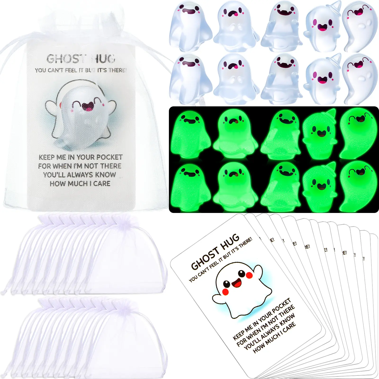 Mini Luminous Ghost Figurines Set Halloween Pocket Hug Gift for Coworkers Friends Family Mini Glow in the Dark Resin Ghost Ornaments with Cards and Bags You’ve Been Booed Gift for Halloween Party Favors Non-candy Treats Classroom Gifts Goodie Bag Stuffers