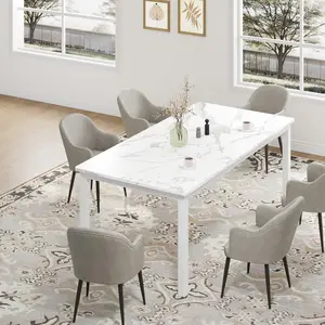 White Faux Marble 79 Inch Industrial Dining Table for 4-6 Person Rectangle Kitchen Table with Metal Legs,Round Corners, Writing Desk, for Modern Farmhouse, for Kitchen, Dining Room,Quick Assembly