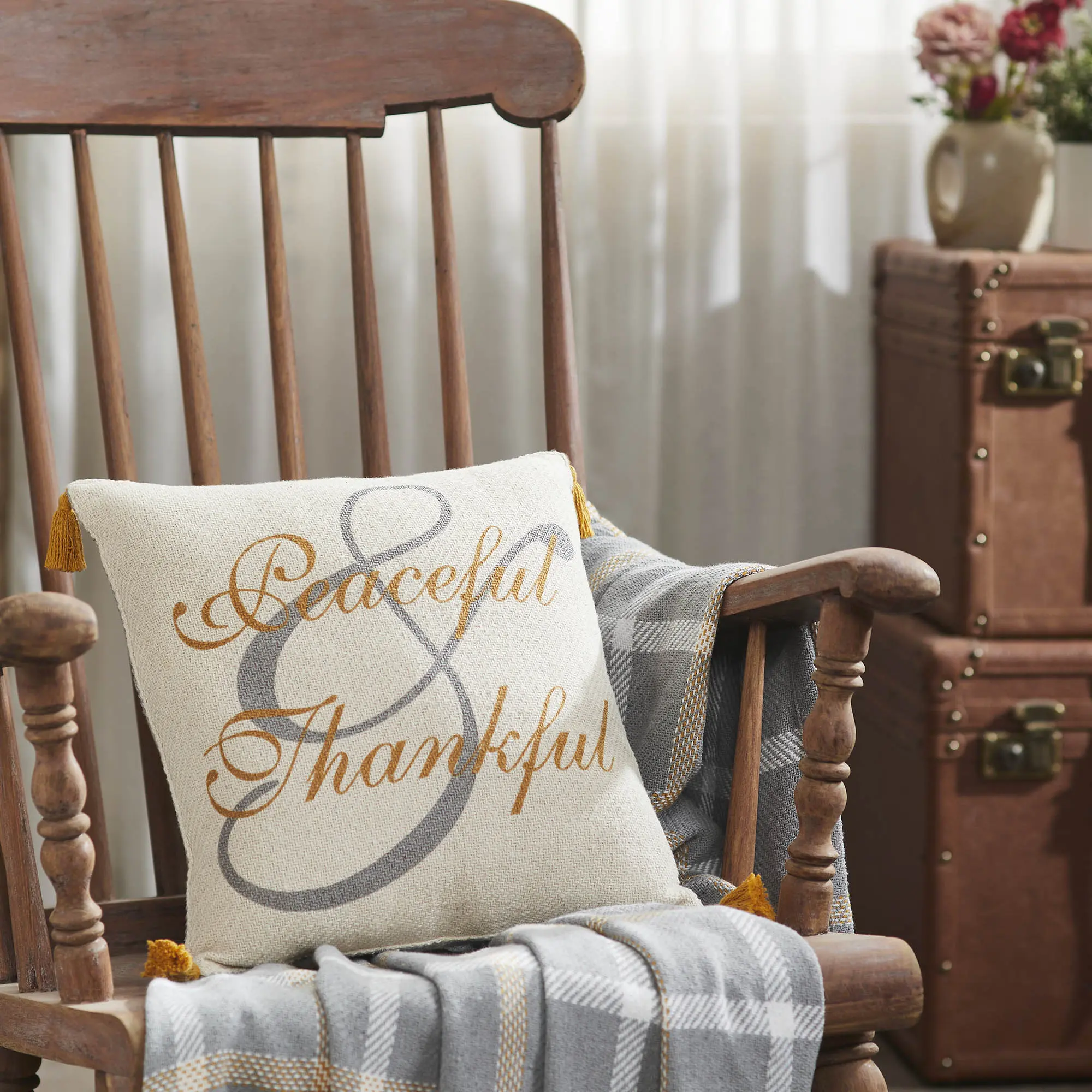 Harvest Blessings Woven Square Pillow, Thanksgiving Themed, Cotton Blend Fabric, Country Charm Decor Piece for Home