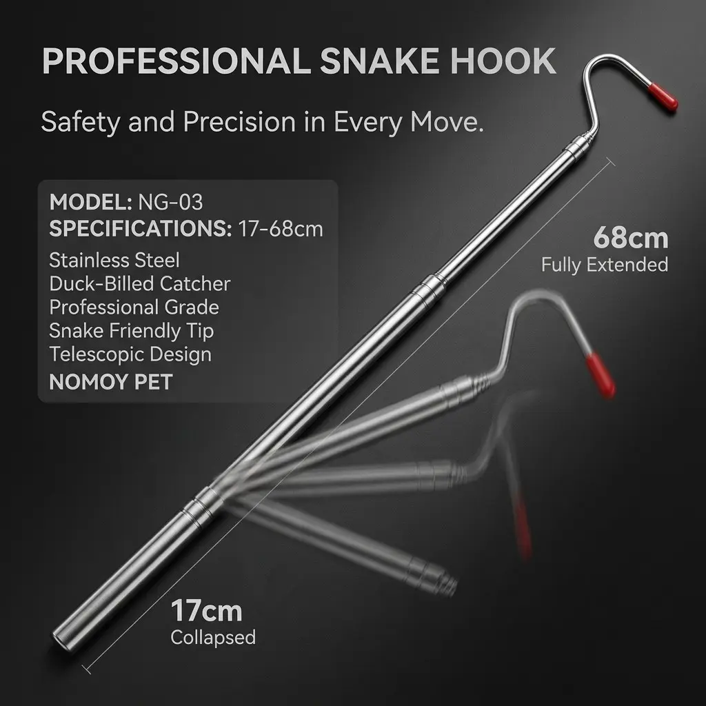 Adjustable Snake Hook 17-68cm, Pocket Size, Stainless Steel, Pet Safe, Ideal for Reptile Care, Essential for Snake Handling, Portable Hooks