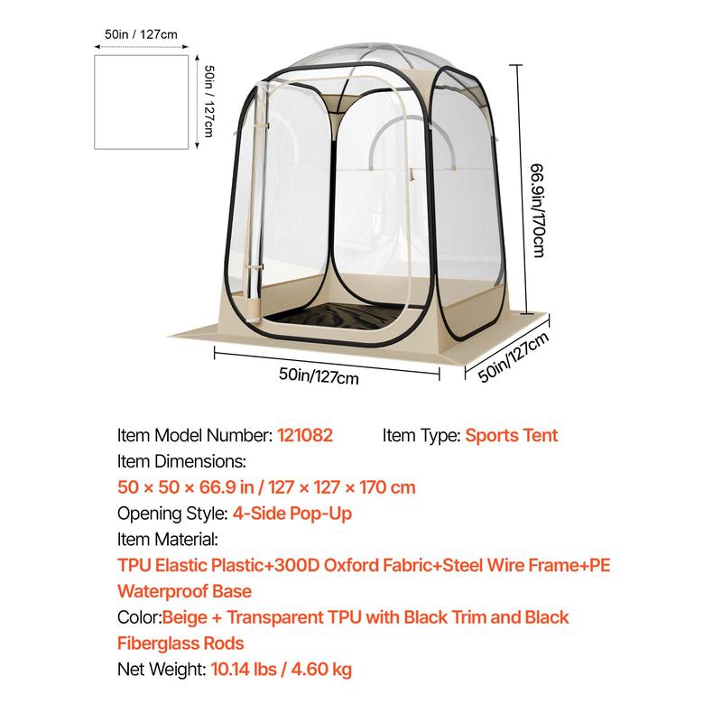 VEVOR Pop up Sports Tent,  , 50x50 in Clear Bubble Tent for 1 Person, Waterproof Outdoor Pod with Floor Mat & Top Cover, Garden Igloo Dome Tents Camping Shelter for Events Fishing Cheering