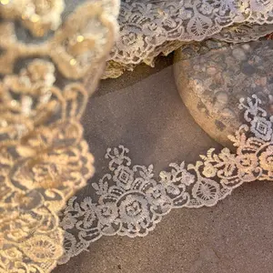 Gold Lace Trim, Metallic Lurex 7-inch Ribbon by Yard, Beige Lace trim