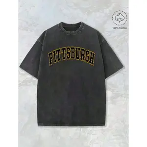 Pittsburgh Pennsylvania Steel City 412 Home Vintage Creative Pattern Printing Heavy 230g Pure Cotton Oversized Drop Shoulder T-Shirt Washed T-Shirt Men's Retro Street T-Shirt Basic T-Shirt Loose Hip-Hop Unisex Top Acid Wash T-Shirt Men's Summe