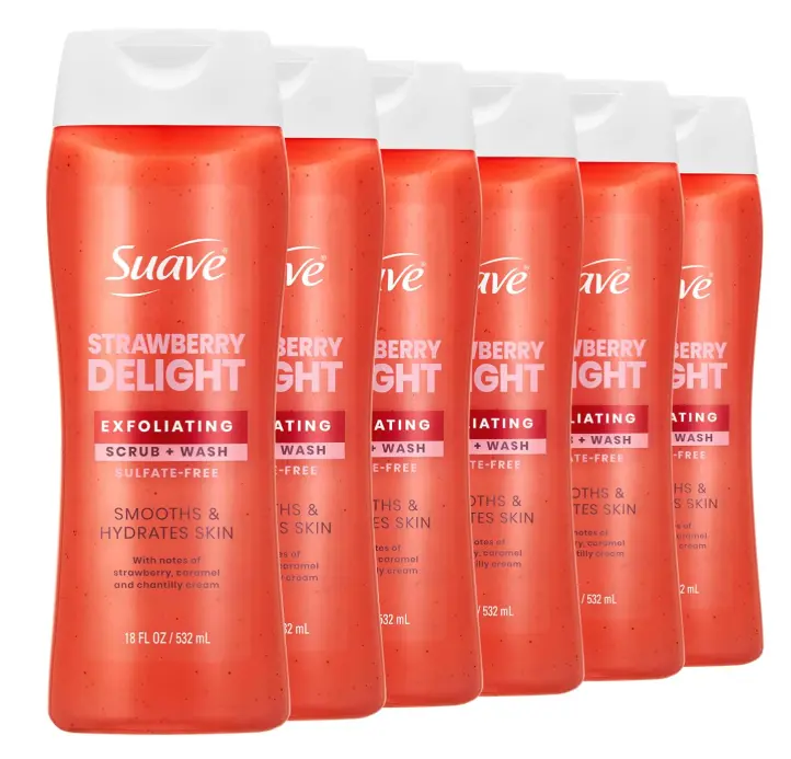 Strawberry Delight Exfoliating Body Wash & Scrub with Glycerin & Vitamin E, Sulfate-Free Hydrating Cleanser for Soft, Smooth Skin, 6 Count, 18 FL OZ EA