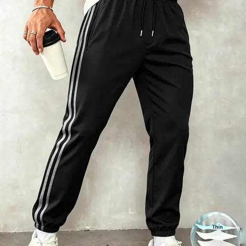 Men’s Comfortable Loose-Fitting Athleisure Tracksuit Set, Spring-Summer Striped Cropped Drawstring Joggers for Running, Commuting, Father’s Day Gift Menswear Bottoms