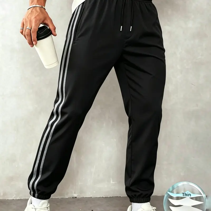 Men’s Comfortable Loose-Fitting Athleisure Tracksuit Set, Spring-Summer Striped Cropped Drawstring Joggers for Running, Commuting, Father’s Day Gift Menswear Bottoms