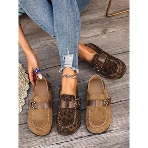 Leopard Print Suede Mule Slides with Metal Buckle, Platform Sole, Retro Casual Shoes