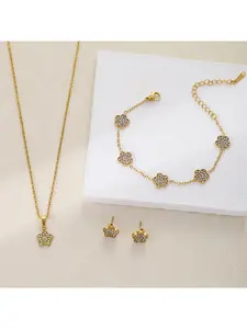 Gold Tone Clover Charm Jewelry Set, Dainty Flower Pendant Necklace Bracelet Earrings Combo, Fashion Everyday Accessory